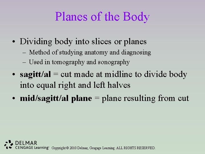 Planes of the Body • Dividing body into slices or planes – Method of