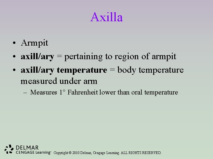 Axilla • Armpit • axill/ary = pertaining to region of armpit • axill/ary temperature