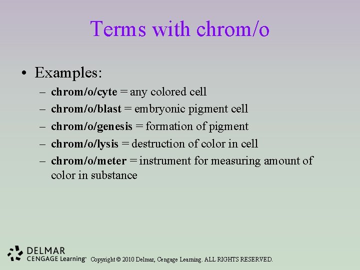 Terms with chrom/o • Examples: – – – chrom/o/cyte = any colored cell chrom/o/blast