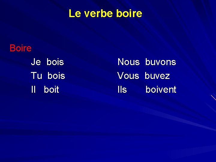 Le verbe boire Boire Je bois Tu bois Il boit Nous Vous Ils buvons