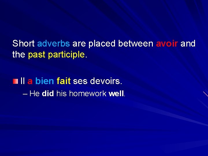 Short adverbs are placed between avoir and the past participle. Il a bien fait