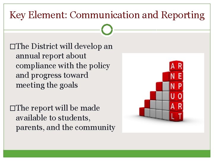 Key Element: Communication and Reporting �The District will develop an annual report about compliance