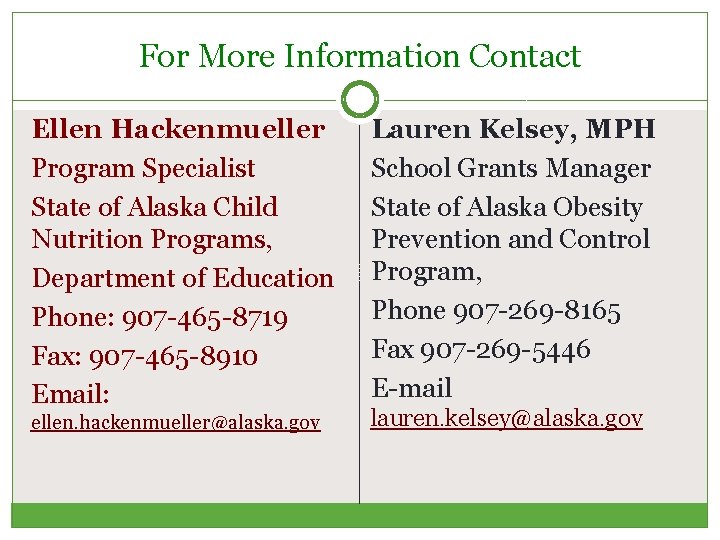 For More Information Contact Ellen Hackenmueller Program Specialist State of Alaska Child Nutrition Programs,
