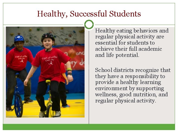 Healthy, Successful Students Healthy eating behaviors and regular physical activity are essential for students