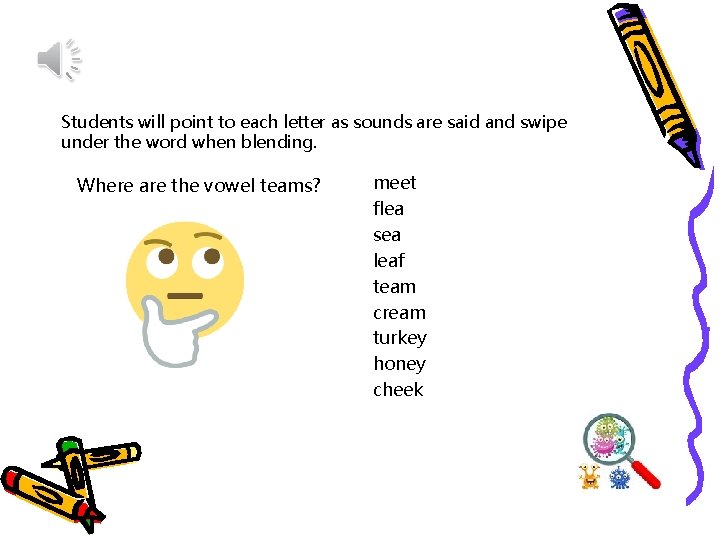 Students will point to each letter as sounds are said and swipe under the