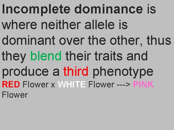 Incomplete dominance is where neither allele is dominant over the other, thus they blend