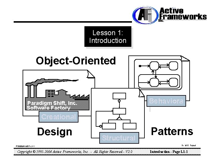 Lesson 1: Introduction Object-Oriented Behaviora l Paradigm Shift, Inc. Software Factory Creational Design Structural