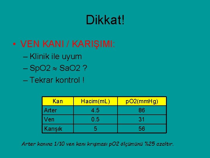 Dikkat! • VEN KANI / KARIŞIMI: – Klinik ile uyum – Sp. O 2