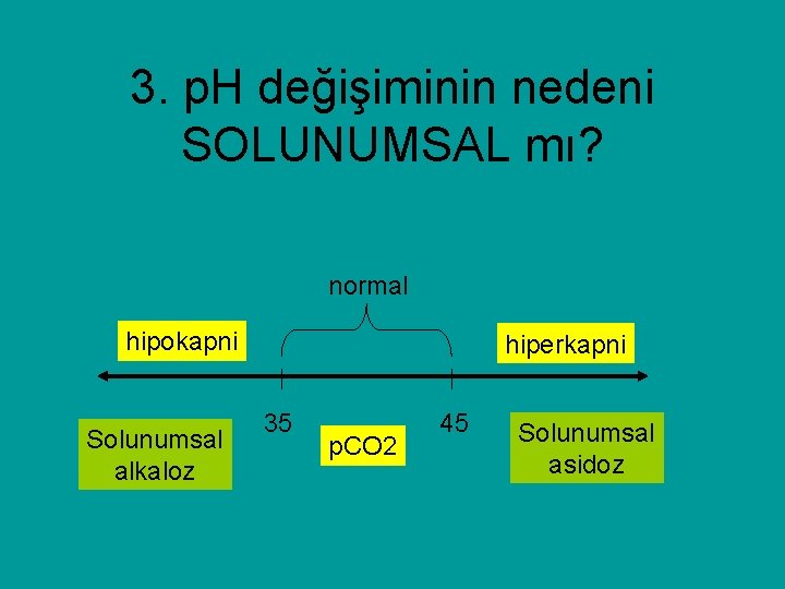 3. p. H değişiminin nedeni SOLUNUMSAL mı? normal hipokapni Solunumsal alkaloz hiperkapni 35 p.