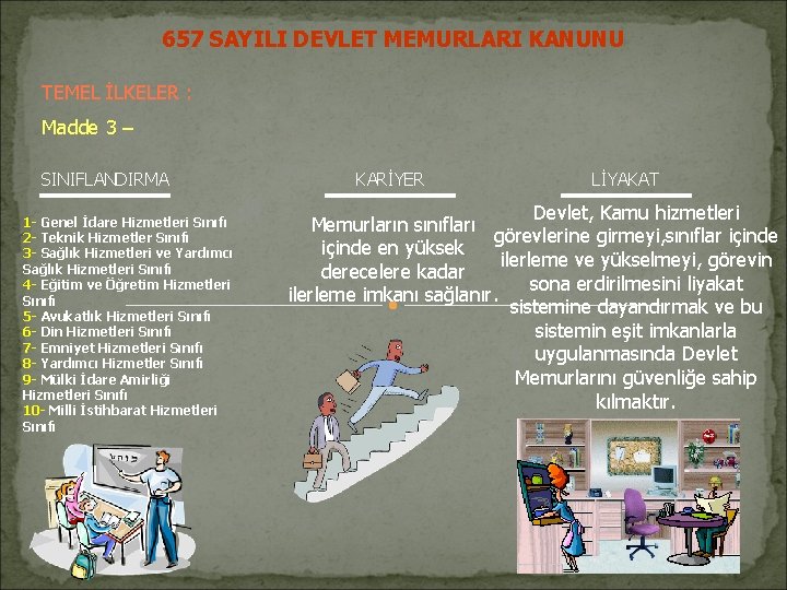 657 SAYILI DEVLET MEMURLARI KANUNU TEMEL İLKELER : Madde 3 – SINIFLANDIRMA 1 - 657 SAYILI DEVLET MEMURLARI KANUNU TEMEL İLKELER : Madde 3 – SINIFLANDIRMA 1 -