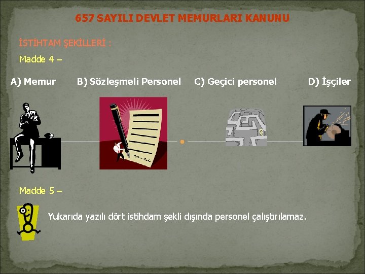 657 SAYILI DEVLET MEMURLARI KANUNU İSTİHTAM ŞEKİLLERİ : Madde 4 – A) Memur B) 657 SAYILI DEVLET MEMURLARI KANUNU İSTİHTAM ŞEKİLLERİ : Madde 4 – A) Memur B)