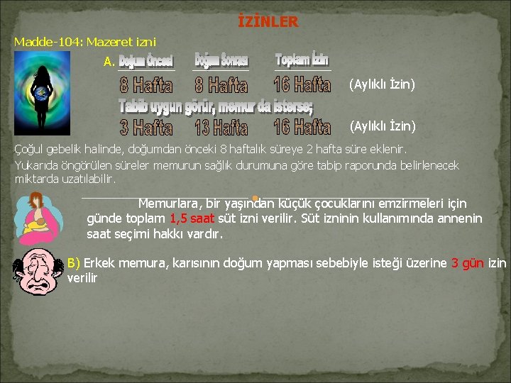İZİNLER Madde-104: Mazeret izni A. (Aylıklı İzin) Çoğul gebelik halinde, doğumdan önceki 8 haftalık İZİNLER Madde-104: Mazeret izni A. (Aylıklı İzin) Çoğul gebelik halinde, doğumdan önceki 8 haftalık