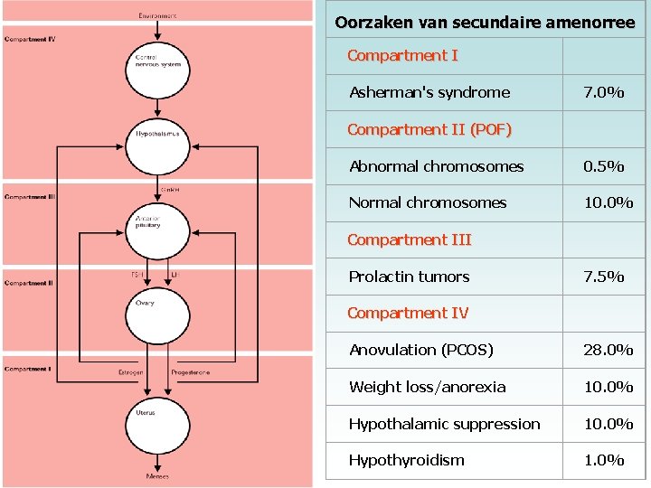 Oorzaken van secundaire amenorree Compartment I Asherman's syndrome 7. 0% Compartment II (POF) Abnormal