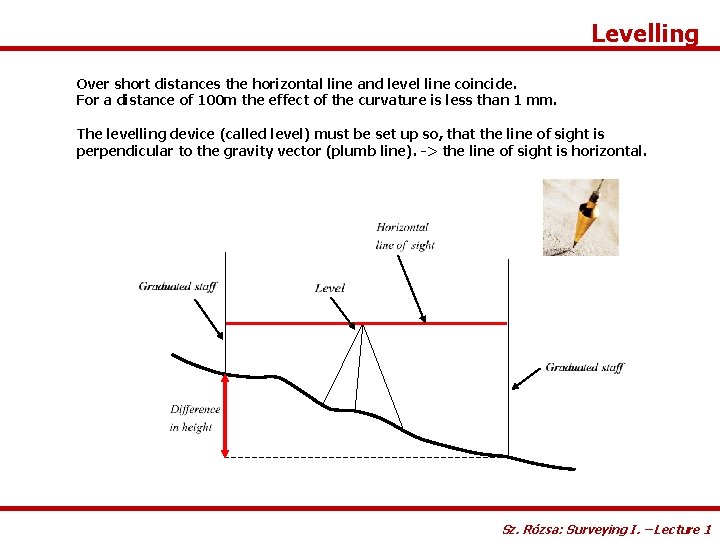 Levelling Over short distances the horizontal line and level line coincide. For a distance