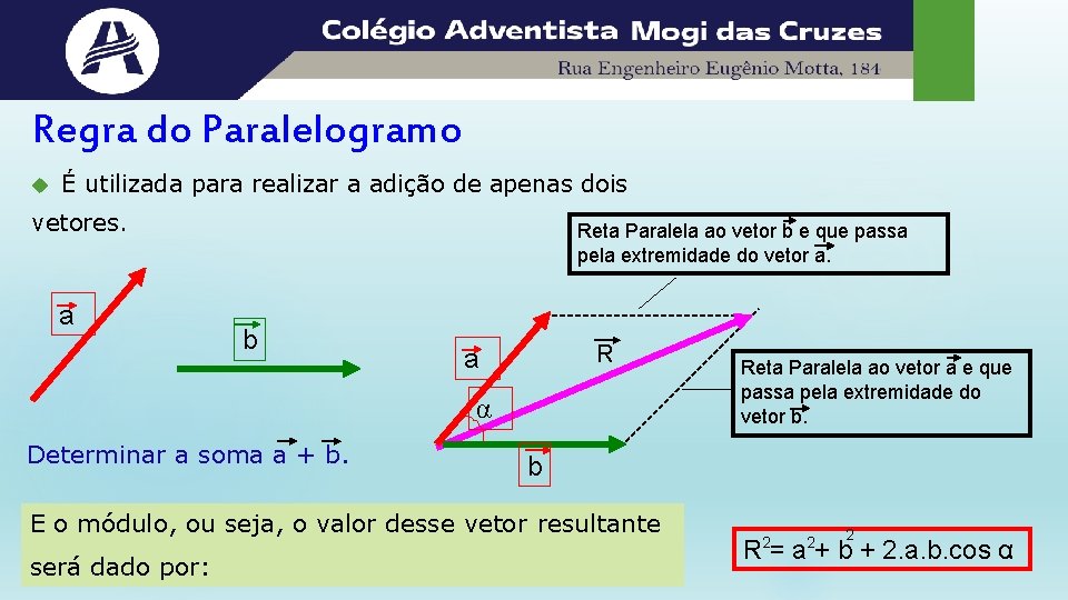 Regra do Paralelogramo É utilizada para realizar a adição de apenas dois vetores. a