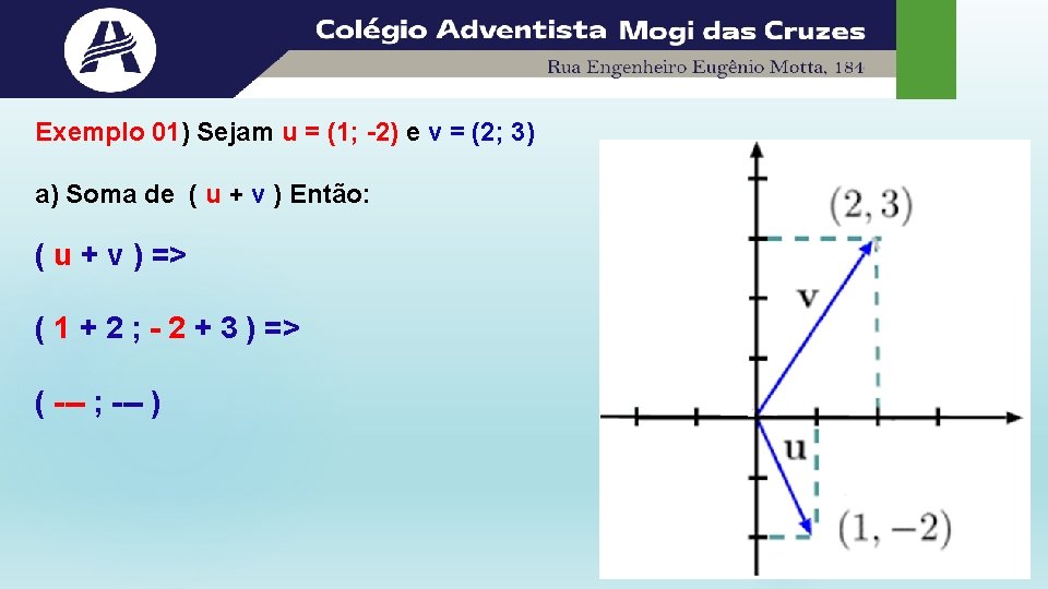 Exemplo 01) Sejam u = (1; -2) e v = (2; 3) a) Soma