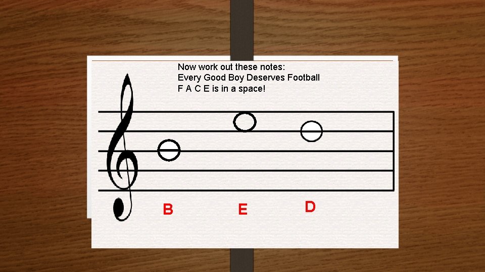 Now work out these notes: Every Good Boy Deserves Football F A C E
