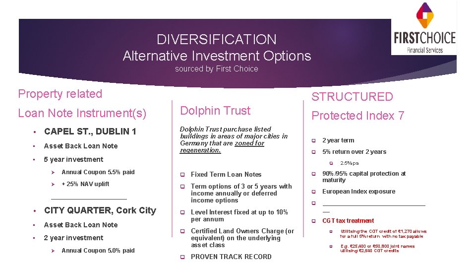 DIVERSIFICATION Alternative Investment Options sourced by First Choice Property related Loan Note Instrument(s) •