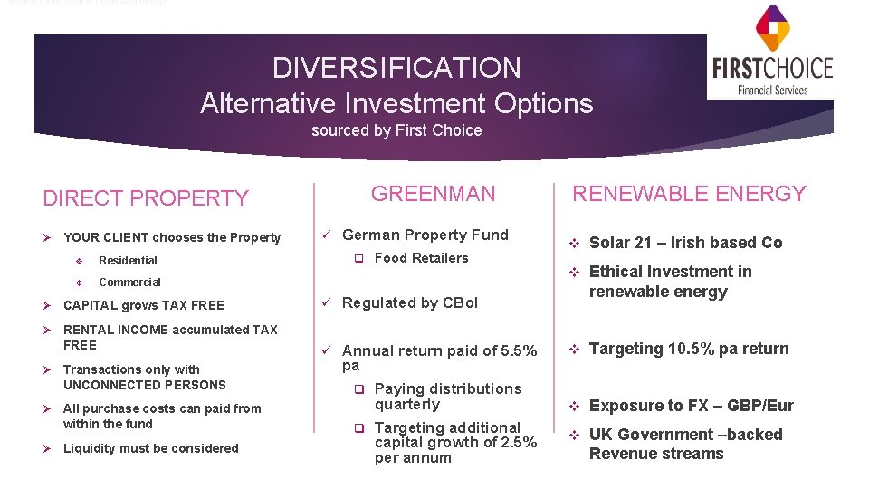  • Ethical investment in renewable energy DIVERSIFICATION Alternative Investment Options sourced by First