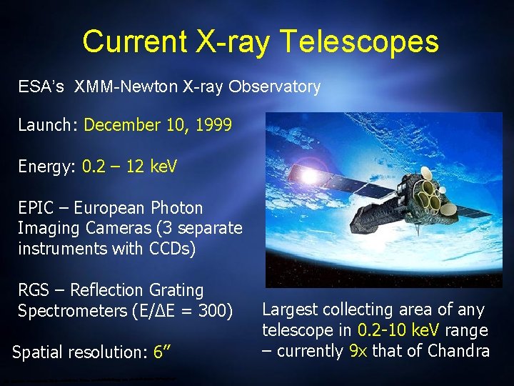 Current X-ray Telescopes ESA’s XMM-Newton X-ray Observatory Launch: December 10, 1999 Energy: 0. 2