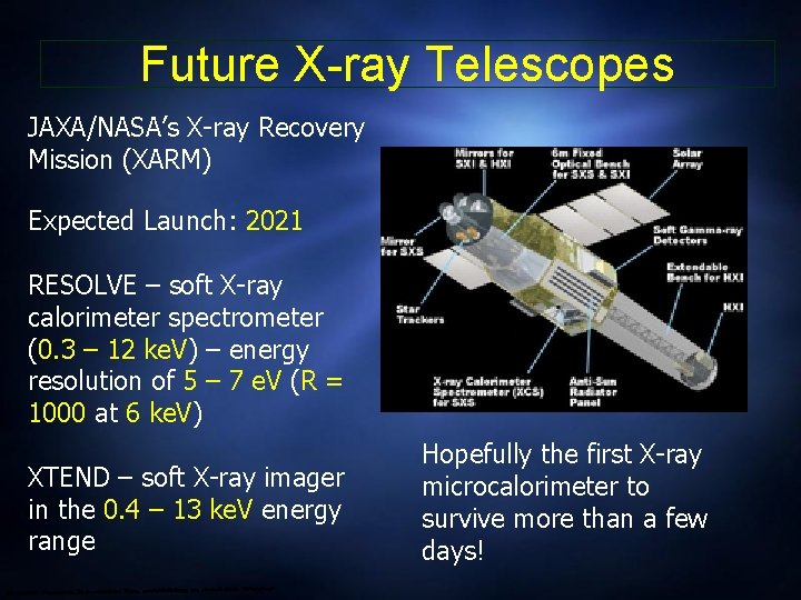 Future X-ray Telescopes JAXA/NASA’s X-ray Recovery Mission (XARM) Expected Launch: 2021 RESOLVE – soft