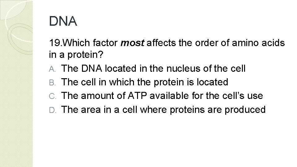 DNA 19. Which factor most affects the order of amino acids in a protein?