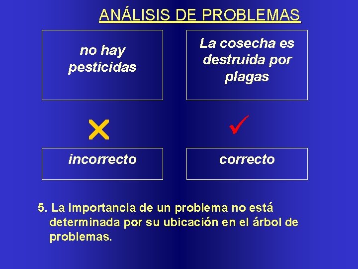 ANÁLISIS DE PROBLEMAS no hay pesticidas incorrecto La cosecha es destruida por plagas correcto