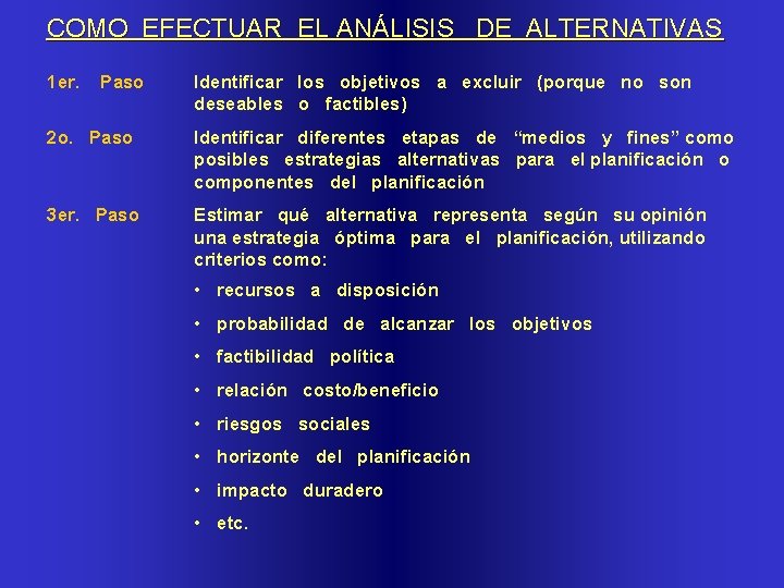 COMO EFECTUAR EL ANÁLISIS DE ALTERNATIVAS 1 er. Paso Identificar los objetivos a excluir