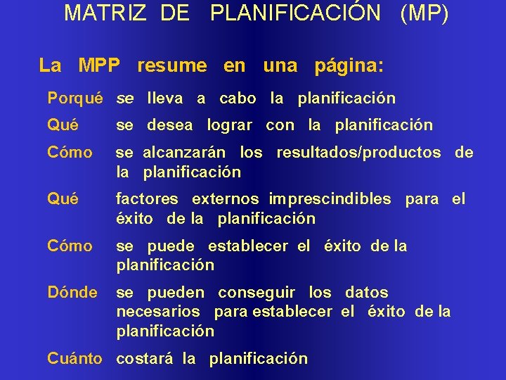 MATRIZ DE PLANIFICACIÓN (MP) La MPP resume en una página: Porqué se lleva a