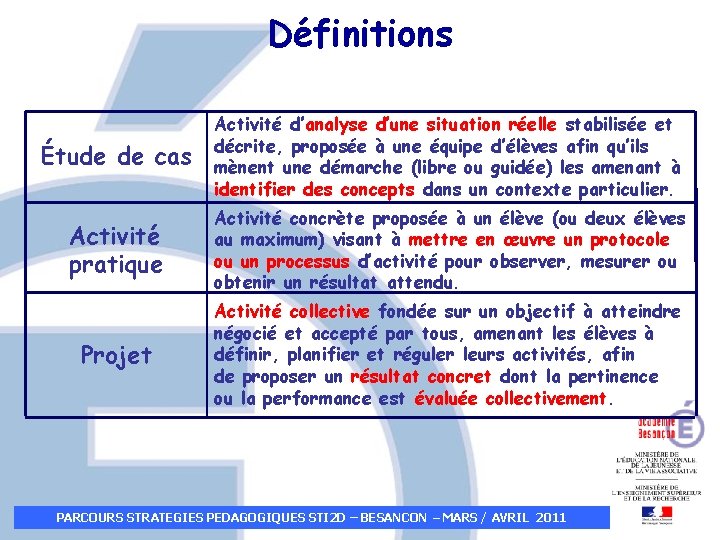 Définitions Étude de cas Activité d’analyse d’une situation réelle stabilisée et décrite, proposée à Définitions Étude de cas Activité d’analyse d’une situation réelle stabilisée et décrite, proposée à
