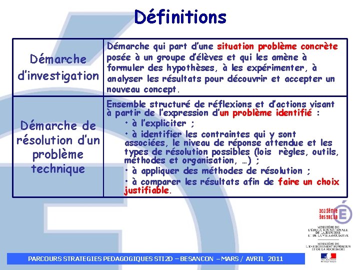 Définitions Démarche d’investigation Démarche qui part d’une situation problème concrète posée à un groupe Définitions Démarche d’investigation Démarche qui part d’une situation problème concrète posée à un groupe