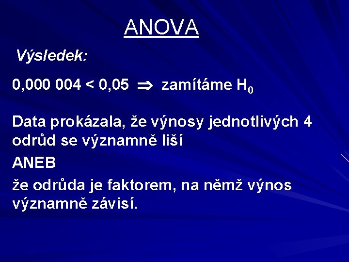 ANOVA Výsledek: 0, 000 004 < 0, 05 zamítáme H 0 Data prokázala, že