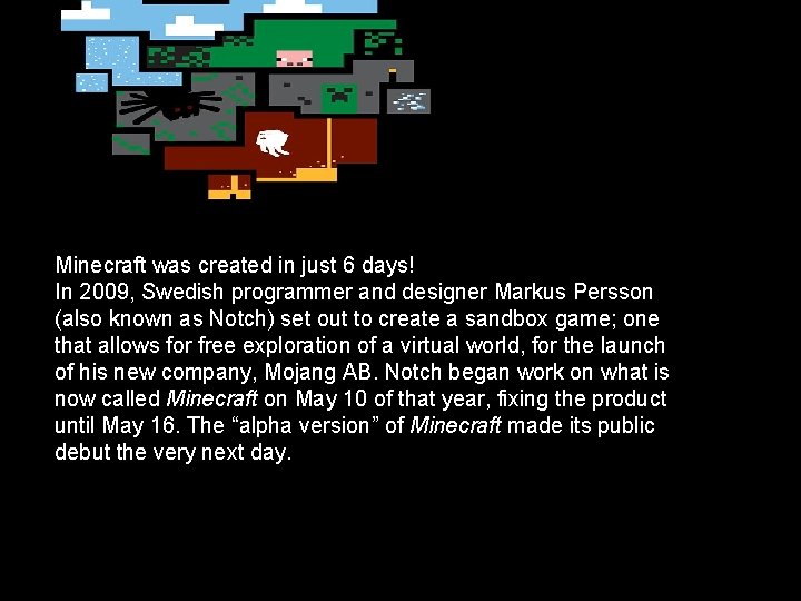 Did you know? Minecraft was created in just 6 days! In 2009, Swedish programmer