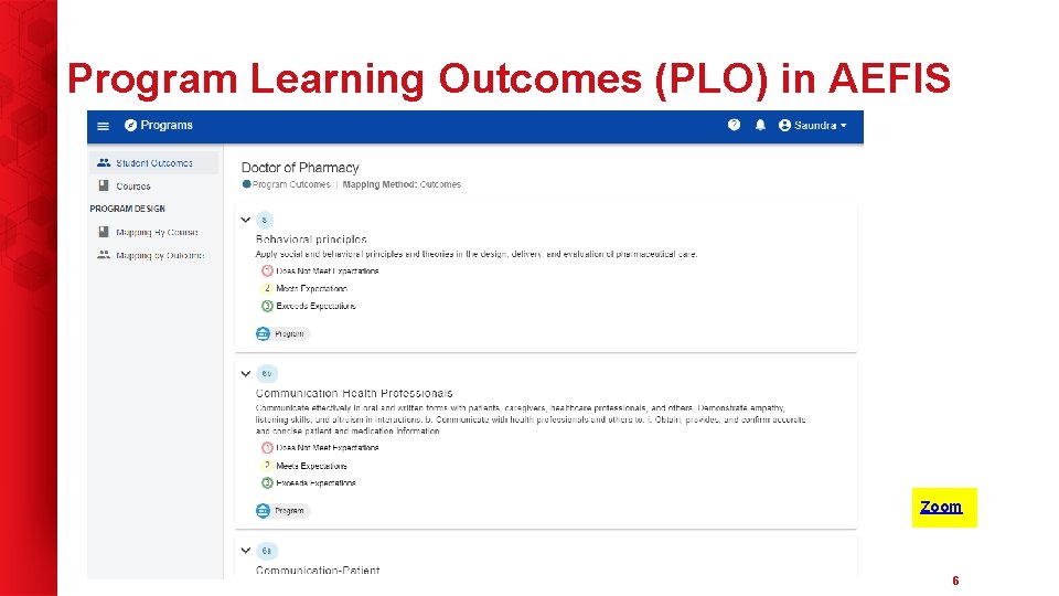 Program Learning Outcomes (PLO) in AEFIS Zoom 6 