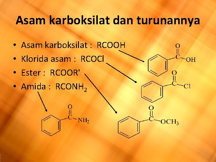 Asam karboksilat dan turunannya • • Asam karboksilat : RCOOH Klorida asam : RCOCl