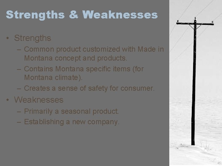 Strengths & Weaknesses • Strengths – Common product customized with Made in Montana concept