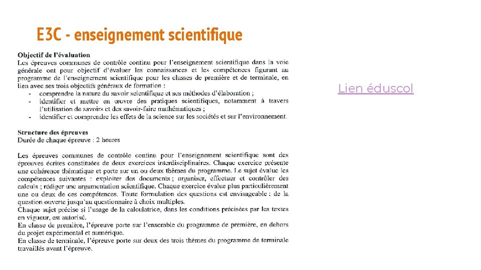 E 3 C - enseignement scientifique Lien éduscol E 3 C - enseignement scientifique Lien éduscol
