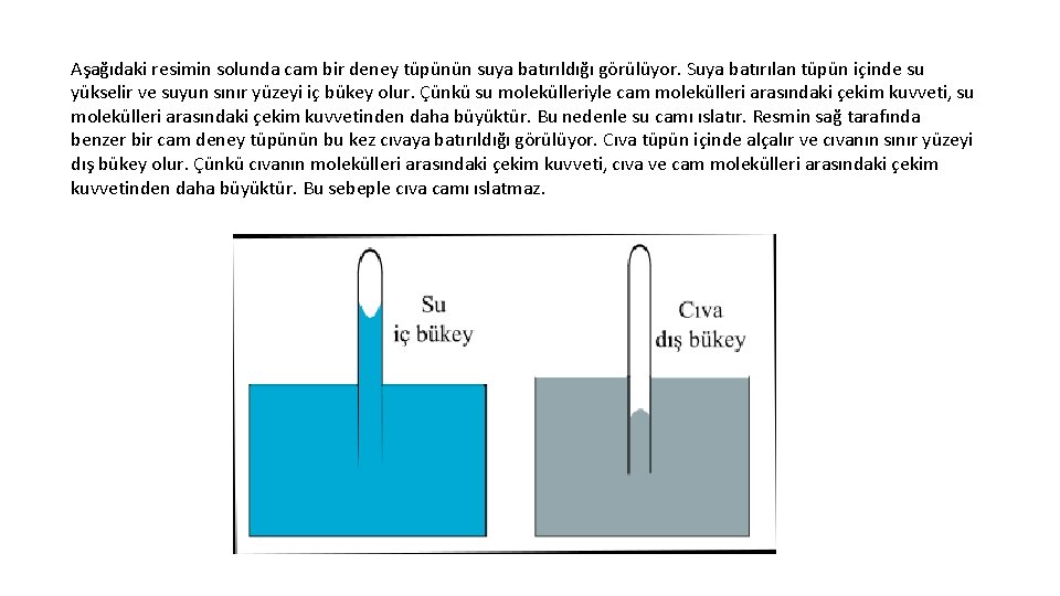 Aşağıdaki resimin solunda cam bir deney tüpünün suya batırıldığı görülüyor. Suya batırılan tüpün içinde