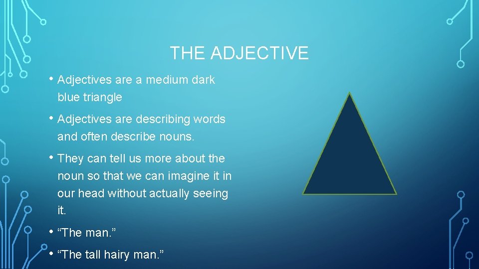 THE ADJECTIVE • Adjectives are a medium dark blue triangle • Adjectives are describing