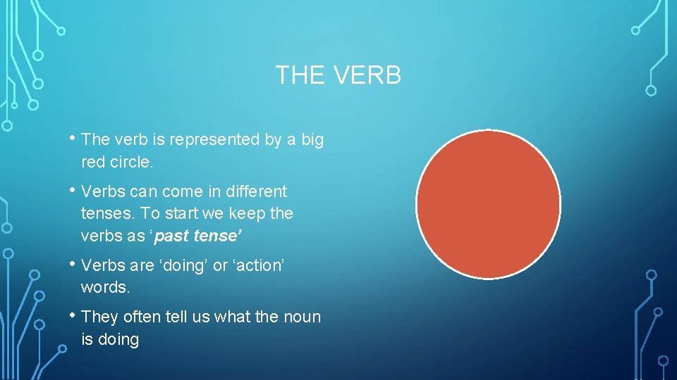 THE VERB • The verb is represented by a big red circle. • Verbs
