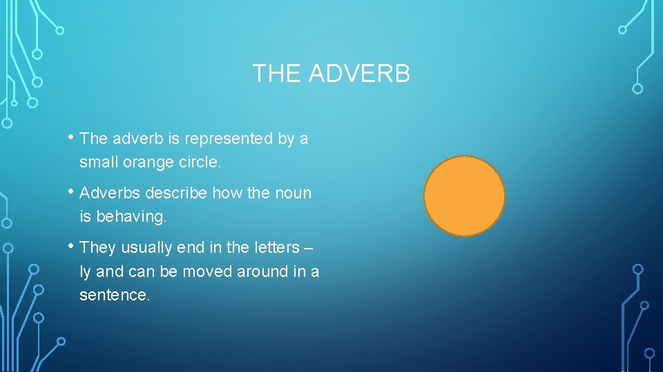 THE ADVERB • The adverb is represented by a small orange circle. • Adverbs