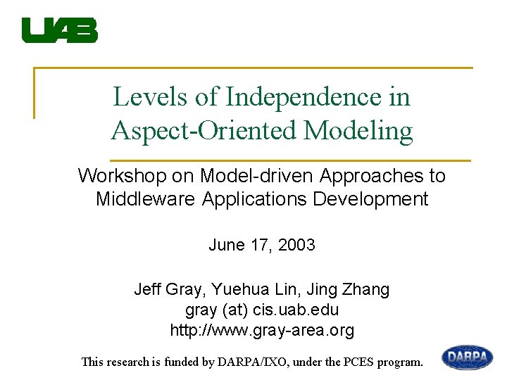 Levels of Independence in Aspect-Oriented Modeling Workshop on Model-driven Approaches to Middleware Applications Development