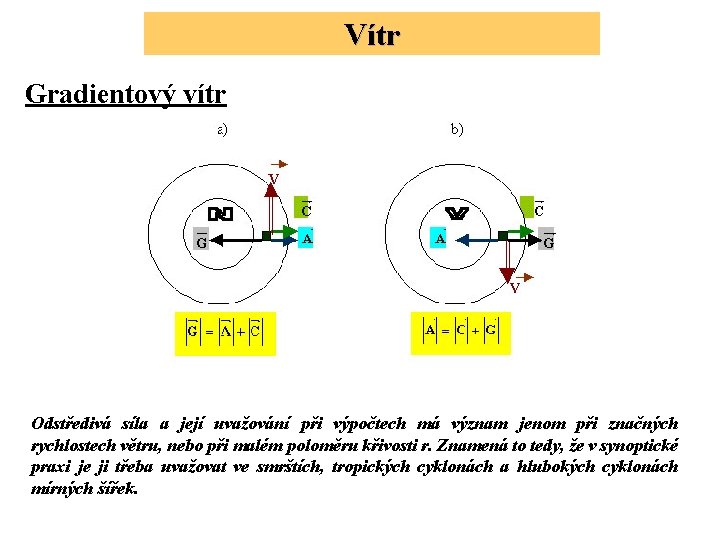 Vítr Gradientový vítr Odstředivá síla a její uvažování při výpočtech má význam jenom při