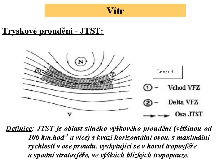 Vítr Tryskové proudění - JTST: Definice: JTST je oblast silného výškového proudění (většinou od