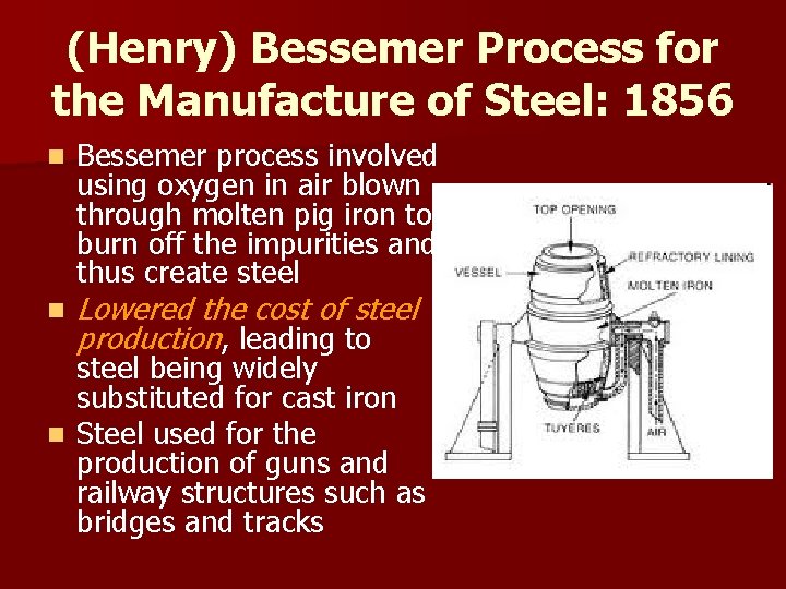 (Henry) Bessemer Process for the Manufacture of Steel: 1856 n n Bessemer process involved