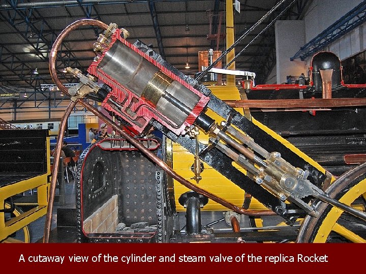 A cutaway view of the cylinder and steam valve of the replica Rocket 