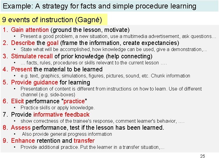 Example: A strategy for facts and simple procedure learning 9 events of instruction (Gagné)