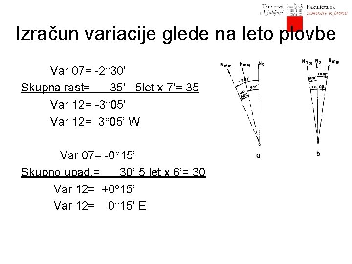 Izračun variacije glede na leto plovbe Var 07= -2 30’ Skupna rast= 35’ 5