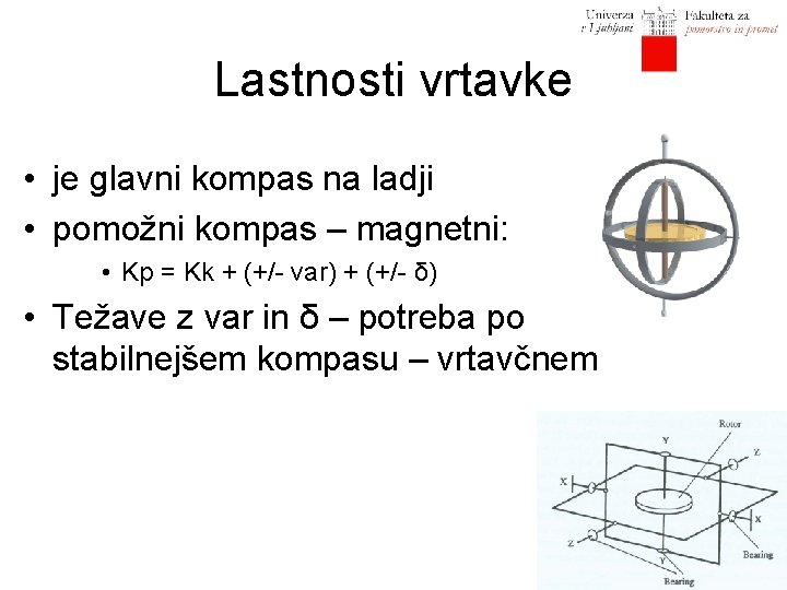 Lastnosti vrtavke • je glavni kompas na ladji • pomožni kompas – magnetni: •