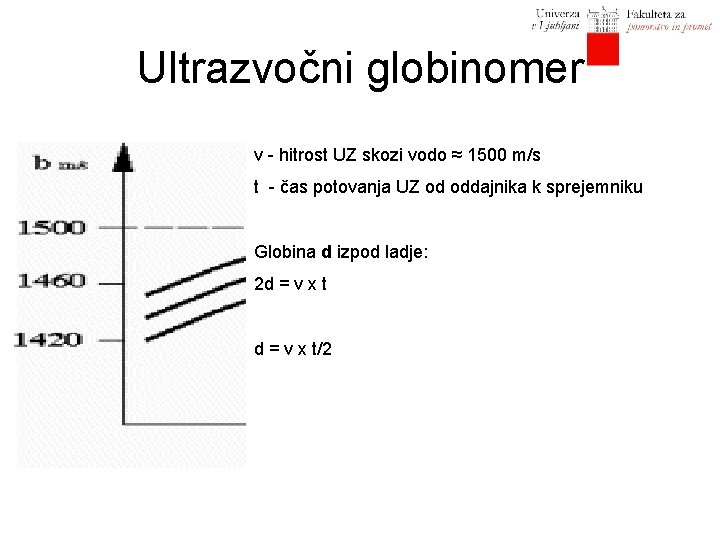 Ultrazvočni globinomer v - hitrost UZ skozi vodo ≈ 1500 m/s t - čas